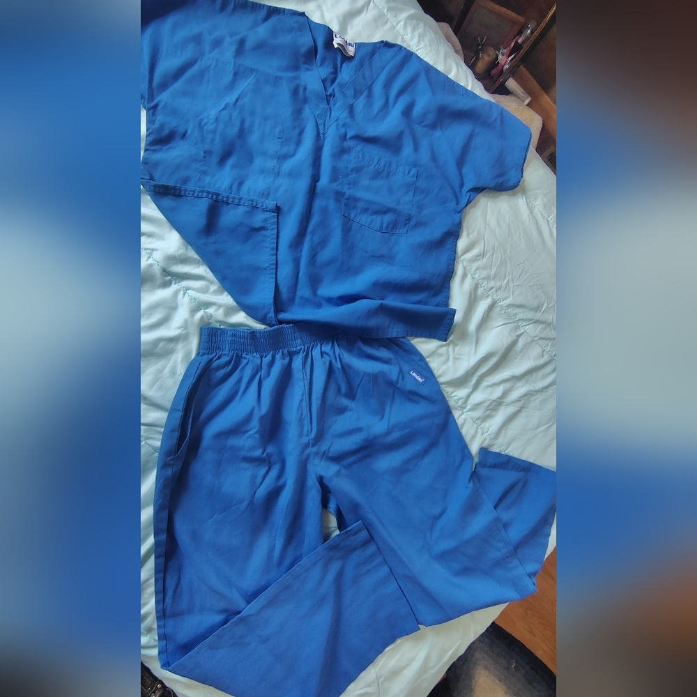 Landau Blue Medical Scrub Set - V-Neck Top & Elastic Waist Pants
